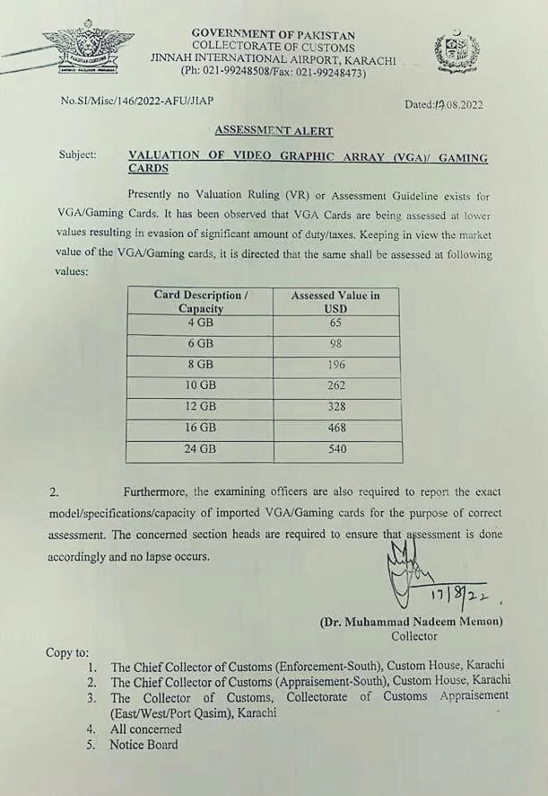 Government document for tax on graphics card